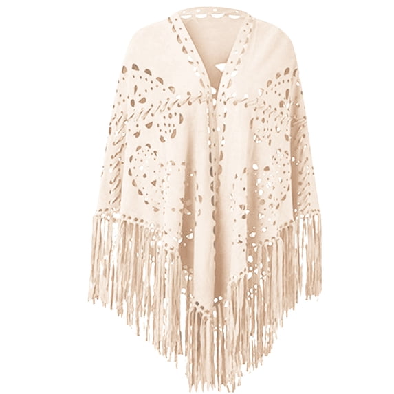 TtopsQueen Suede Laser Cutout Poncho Cape, Long Fringe Trim, Floral Hollow Pattern, Asymmetric Triangle Hem, Open Front Western Style Wrap Shawl Beige,Free Size
