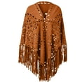 thumbnail image 1 of TtopsQueen Suede Laser Cutout Poncho Cape, Long Fringe Trim, Floral Hollow Pattern, Asymmetric Triangle Hem, Open Front Western Style Wrap Shawl Brown,Free Size, 1 of 3