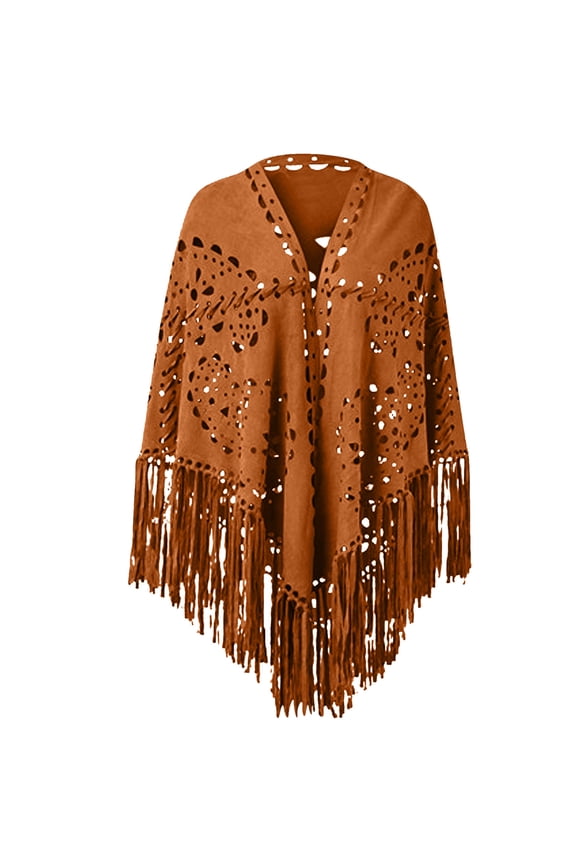 Suede Laser Cutout Poncho Cape, Long Fringe Trim, Floral Hollow Pattern, Asymmetric Triangle Hem, Open Front Western Style Wrap Shawl Brown,Free Size