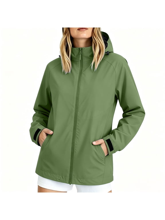 Women Adjustable Cuff Waterproof Softshell Jacket, Full Zip Drawstring Hood Windproof Coat with Side Hand Pockets, Lightweight Hiking Travel Outerwear Green,L