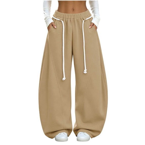 TtopsQueen Women Baggy Wide Leg Sweatpants, Elastic High Waist Sweat Pants with Double Thick Drawstring & Side Pockets, Loose Stitched Casual Streetwear Trousers Khaki,XL