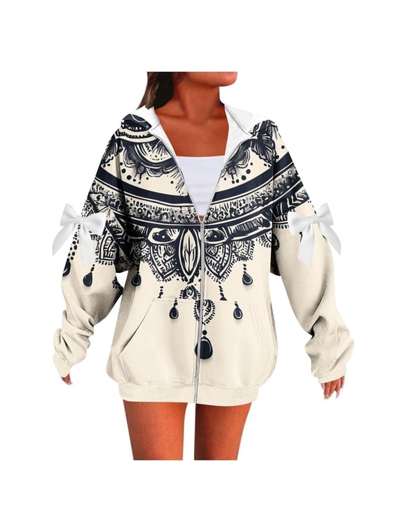 Women Boho Mandala Print Zip Up Hoodie Jacket, Long Sleeve Sweatshirt Coat with Bow Decor on Cuffs, Kangaroo Pocket Oversized Casual Streetwear Outerwear Black,L