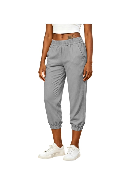 Women Capri Jogger Pants, Elastic High Waist Cropped Tapered Sweatpants with Cuffed Hem & Side Pockets, Breathable Casual Summer Trousers Gray,S