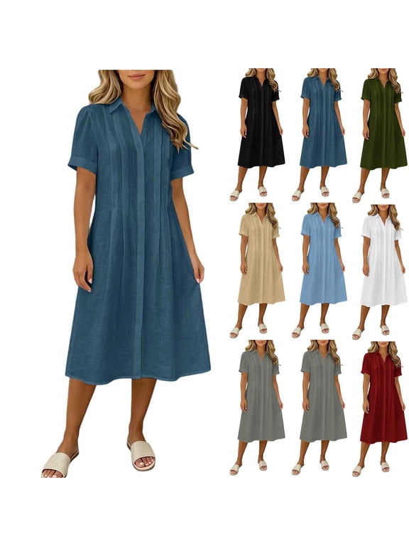 Women Collared Short Sleeve Pleated Front Midi Shirt Dress, Loose Flowy Waist Defined Casual Dress, Lightweight Office Summer Outfit Army Green,XXL
