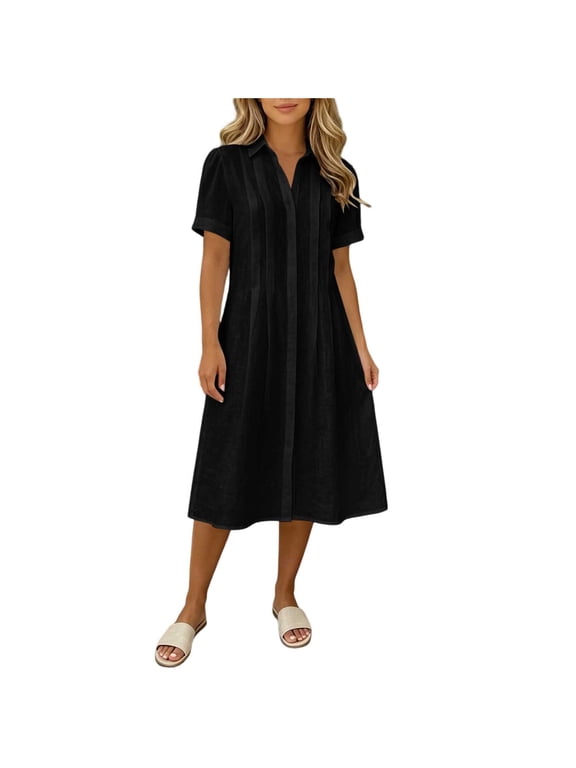 Women Collared Short Sleeve Pleated Front Midi Shirt Dress, Loose Flowy Waist Defined Casual Dress, Lightweight Office Summer Outfit Black,S