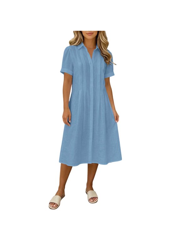 Women Collared Short Sleeve Pleated Front Midi Shirt Dress, Loose Flowy Waist Defined Casual Dress, Lightweight Office Summer Outfit Light Blue,XXL