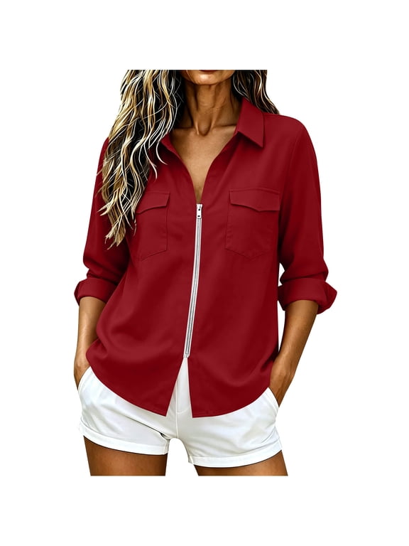 Women Collared Zip Front Shirt, Long Roll Up Sleeve, Dual Chest Patch Pockets, Loose Lightweight Casual Button Blouse Tunic Top Wine,L