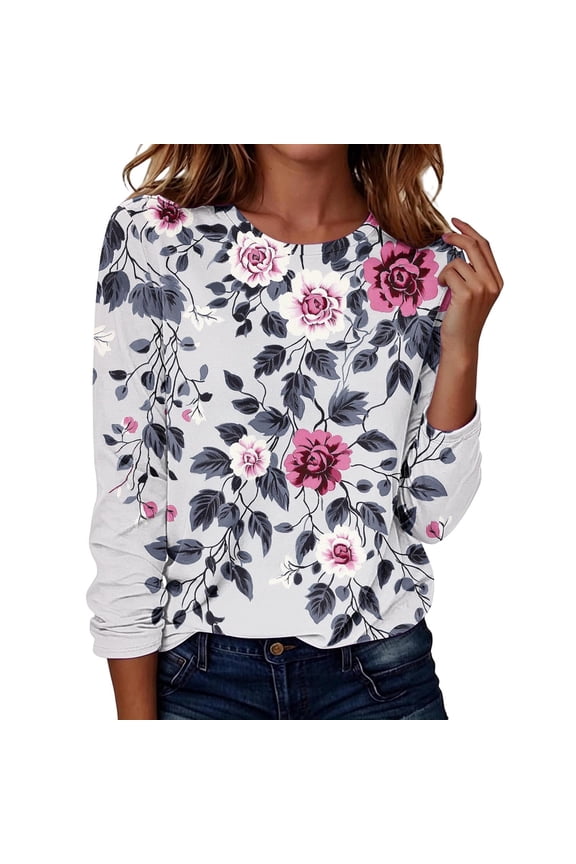 Women Crew Neck Long Sleeve Floral Rose Print Blouse Loose Casual Fashion Tunic Daily Wear Shirts Multicolor,S