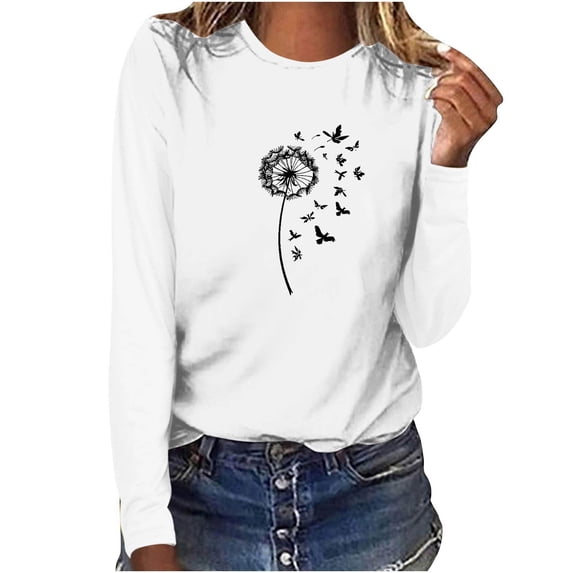 TtopsQueen Women Crew Neck Long Sleeve T-Shirt Dandelion Bird Graphic Tee Casual Loose Fit Soft Daily Tops White,S
