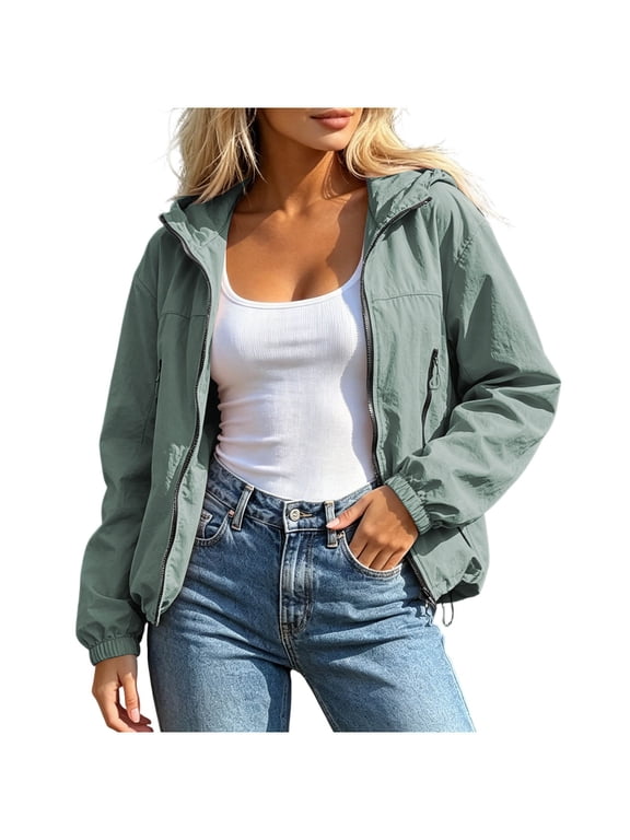 Women Cropped Drawstring Hooded Windbreaker Jacket, Elastic Cuff Lightweight Zip Up Coat with Zipper Side Pockets, Oversized Streetwear Daily Layering Outerwear Army Green,S