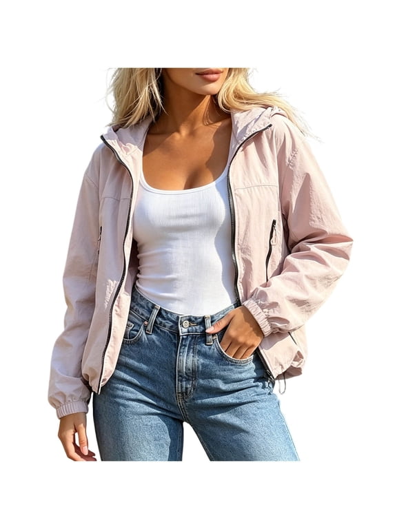 Women Cropped Drawstring Hooded Windbreaker Jacket, Elastic Cuff Lightweight Zip Up Coat with Zipper Side Pockets, Oversized Streetwear Daily Layering Outerwear Pink,XL