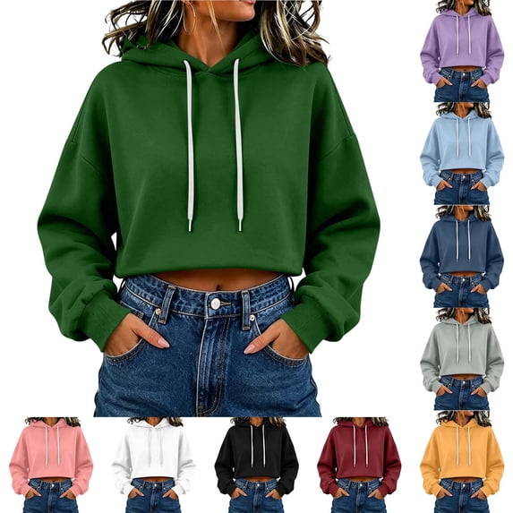TtopsQueen Women Cropped Hoodie Sweatshirt, Drawstring Hood With Flat Cords, Long Ribbed Cuff Sleeve Oversized Drop Shoulder Pullover, Casual Crop Tops Black,L
