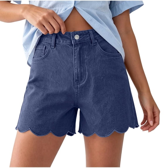 TtopsQueen Women Denim Casual Shorts, High Waist Button Fly Jean Shorts with Classic Pockets, Scalloped Wave Hem Loose Fit Summer Fashion Bottoms Blue,M