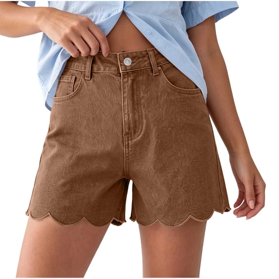 TtopsQueen Women Denim Casual Shorts, High Waist Button Fly Jean Shorts with Classic Pockets, Scalloped Wave Hem Loose Fit Summer Fashion Bottoms Brown,XXL