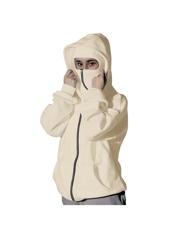 Women Double Zipper Hooded Sweatshirt, Integrated Face Mask Collar Pullover Top, Front Kangaroo Pocket Oversized Long Sleeve Coat, Warm Windproof Layering Tops Beige,M