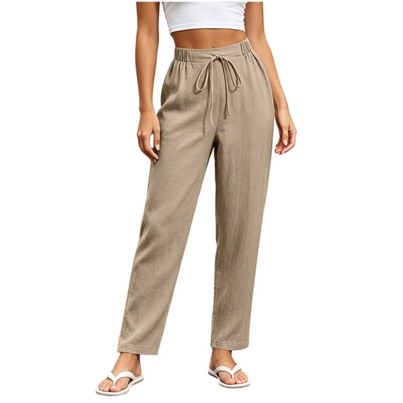 TtopsQueen Women Elastic Drawstring Straight Leg Pants, High Waist Lightweight Textured Trousers with Side Pockets, Loose Fit Vacation Casual Daily Wear Khaki,S