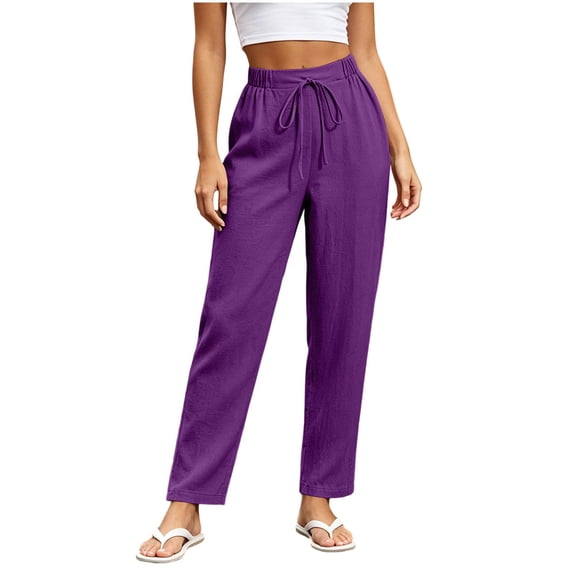 TtopsQueen Women Elastic Drawstring Straight Leg Pants, High Waist Lightweight Textured Trousers with Side Pockets, Loose Fit Vacation Casual Daily Wear Purple,M
