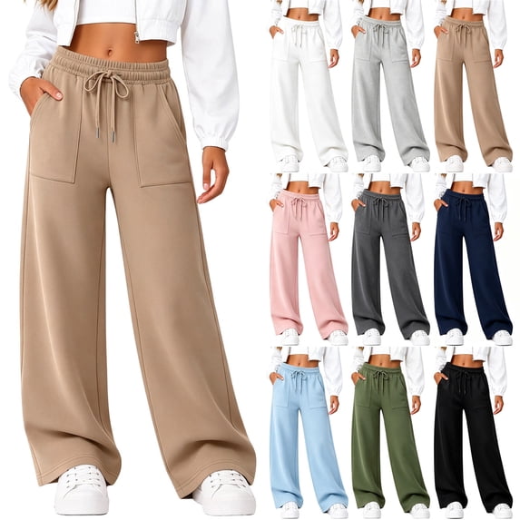 TtopsQueen Women Elastic Drawstring Wide Leg Sweatpants, High Waist Loose Casual Trousers with Large Patch Front Pockets, Soft Flowy Daily Street Bottoms Army Green,L