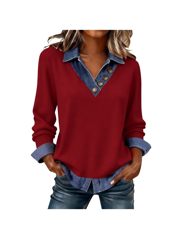 Women Faux Denim Collar Layered Blouse, Button Decor V Neck, Cuffed Denim Trim Long Sleeve, Loose Curved Hem Soft Casual Daily Shirts Wine,XXL