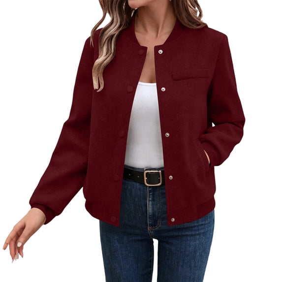 TtopsQueen Women Fleece Wool Blend Varsity Bomber Jacket, Rib Stand Collar Button Front Coat with Chest & Side Pockets, Warm Autumn Winter Casual Outerwear Wine,S