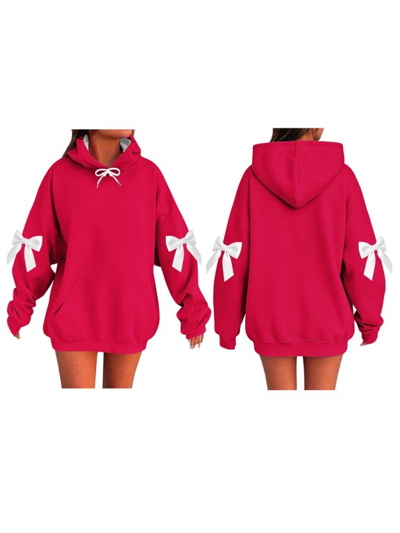 Women Full Zip Hooded Jacket, Detachable Bow Decor On Two Sleeves, Blank Custom Print Area Oversized Outerwear, Drawstring Hood Front Pocket Loose Long Sleeve Coat Red,S