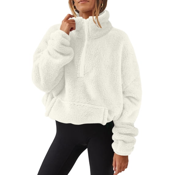 Women High Neck Half Zip Cropped Fleece Pullover, Long Oversized Sleeve Sherpa Sweatshirt with Front Pocket, Fluffy Warm Loose Fit Top for Lounge Gym Winter Street Daily Wear White,XXL