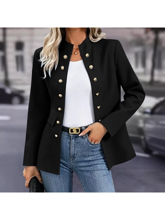 Women Mandarin Collar Long Sleeve Blazer Jacket, Double Row Metal Button Slim Fit Mid Length Suit Coat with Flap Pockets, Business Office Daily Professional Outerwear Black,S