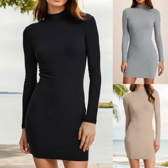 TtopsQueen Women Mock Neck Long Sleeve Bodycon Mini Dress, Stretch Fitted Knit Short Dress, Basic Club Nightout Going Out Outfit Beige,L