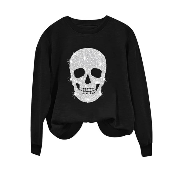 TtopsQueen Women Oversized Long Sleeve Sweatshirt Sparkle Skull Graphic Crew Neck Loose Casual Pullover Tops Black,S