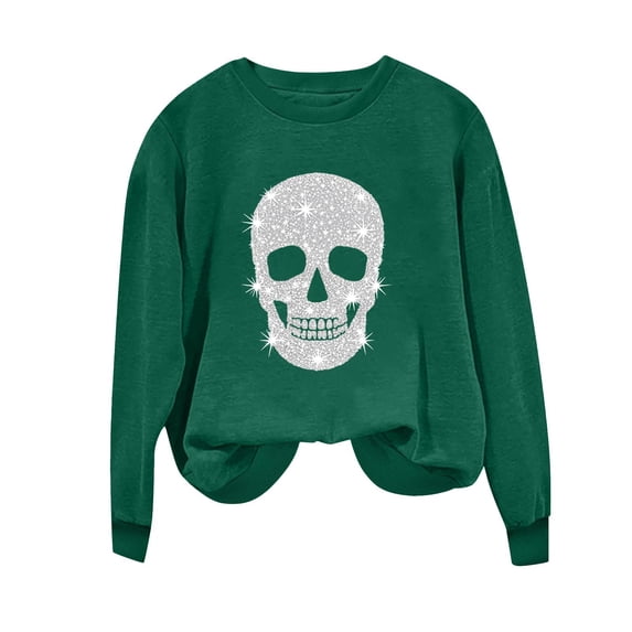 TtopsQueen Women Oversized Long Sleeve Sweatshirt Sparkle Skull Graphic Crew Neck Loose Casual Pullover Tops Green,L