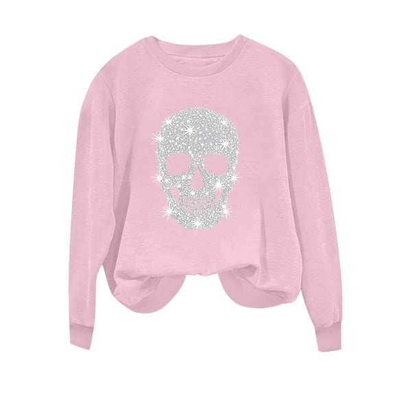 TtopsQueen Women Oversized Long Sleeve Sweatshirt Sparkle Skull Graphic Crew Neck Loose Casual Pullover Tops Pink,S