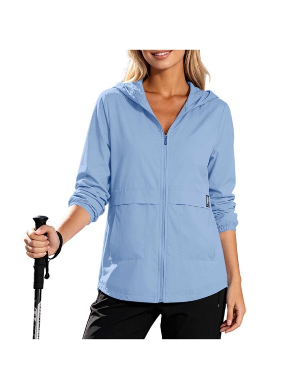 Women Packable Light Windbreaker Jacket, Drawstring Hood Elastic Cuff Full Zip Coat with Side Pockets, Casual Hiking Walking Travel Outer Layer Blue,XXL