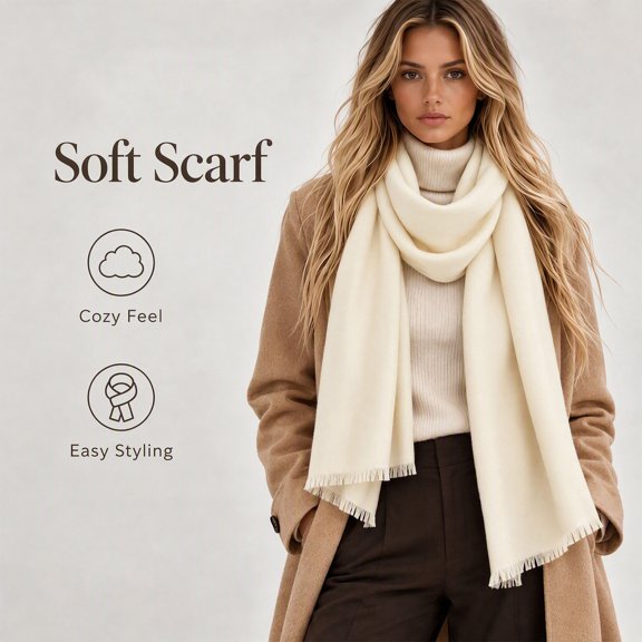 TtopsQueen Women Plain Soft Blanket Scarf with Fine Tassel Edge, Smooth Cozy Texture, Long Neck Wrap, Minimalist Accessory for Daily Styling and Outdoor Walking White,Free Size