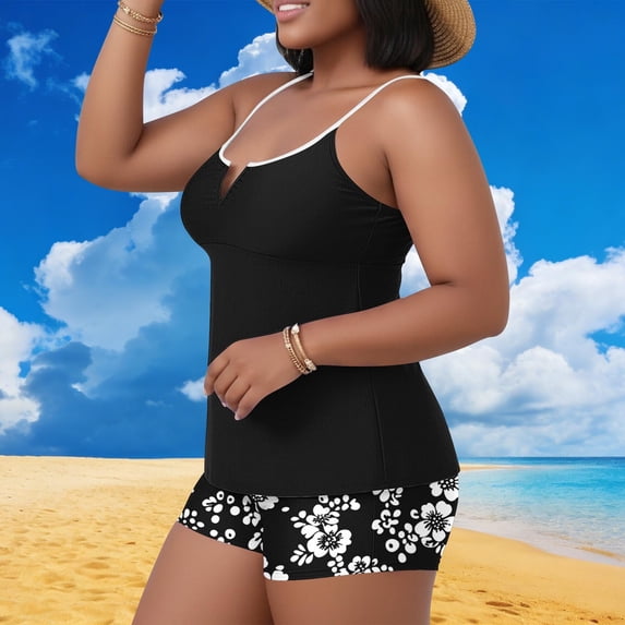 TtopsQueen Women Plus Size Modest 2‑Piece Tankini Swimwear, Notched V‑Neck Spaghetti Strap Swim Tank Top, Floral Printed Boyshort Swim Bottom, Bathing Suit Black,XXL
