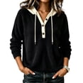 thumbnail image 1 of TtopsQueen Women Ribbed Knit Hooded Sweater, Henley Button Placket Contrast Hood Drawstring Pullover, Drop Shoulder Long Sleeve Relaxed Fit Warm Knitwear for Fall Winter Daily Wear Black,XXXXL, 1 of 5