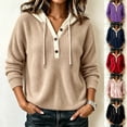 thumbnail image 1 of TtopsQueen Women Ribbed Knit Hooded Sweater, Henley Button Placket Contrast Hood Drawstring Pullover, Drop Shoulder Long Sleeve Relaxed Fit Warm Knitwear for Fall Winter Daily Wear Black,L, 1 of 6