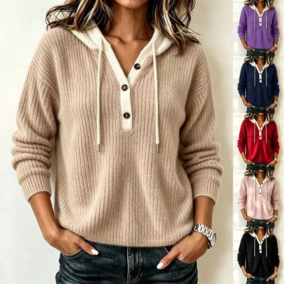 TtopsQueen Women Ribbed Knit Hooded Sweater, Henley Button Placket Contrast Hood Drawstring Pullover, Drop Shoulder Long Sleeve Relaxed Fit Warm Knitwear for Fall Winter Daily Wear Black,L