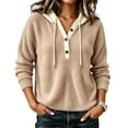 thumbnail image 1 of TtopsQueen Women Ribbed Knit Hooded Sweater, Henley Button Placket Contrast Hood Drawstring Pullover, Drop Shoulder Long Sleeve Relaxed Fit Warm Knitwear for Fall Winter Daily Wear Khaki,XXXXL, 1 of 5