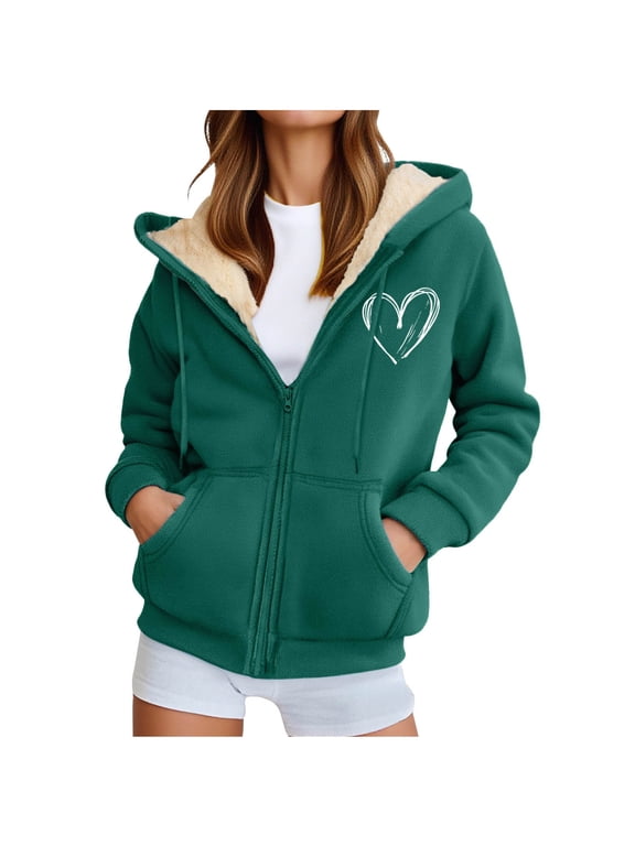 Women Sherpa Lined Full Zip Hooded Jacket, Sketch Heart Chest Print Drawstring Hood Dual Side Pockets Warm Thick Hoodie Coat, Winter Casual Outerwear Green,M