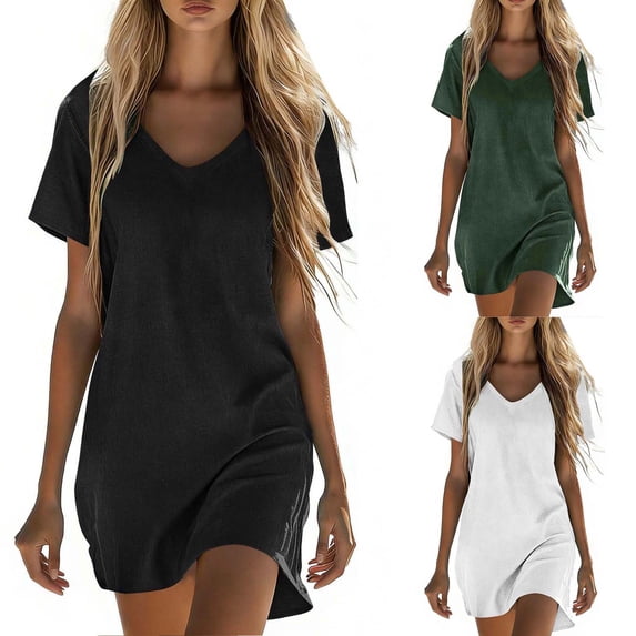 TtopsQueen Women Short Sleeve Linen Blend T‑Shirt Dress V‑Neck Loose Fit Curved Hem Lightweight Breathable Casual Shift Dress For Beach Cover‑Up Daily Outdoor Holiday Wear Black,L