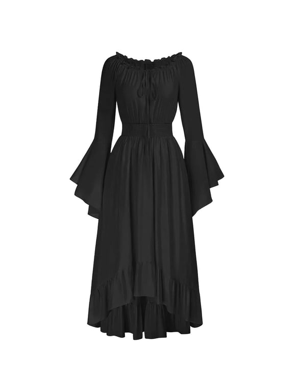 Women Off Shoulder Long Bell Sleeve Maxi Dress, Smocked Elastic Waist Tie Front, Ruffled High Low Hem Flowy Boho Vacation Casual Dress Black,L