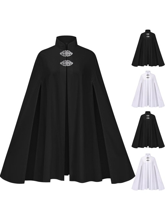 Women Stand Collar Cape Cloak, Frog Button Closure, Split Sleeve Mid Length Outerwear, Vintage Traditional Style Open Front Coat,Gift for Holiday Event Black,L