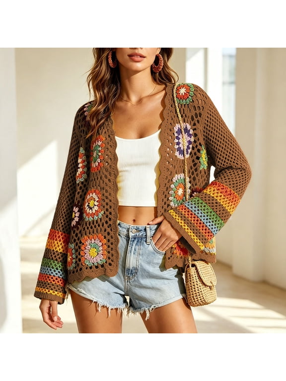 Women V Neck Long Sleeve Crochet Knit Cardigan, Floral Patchwork Open Front Oversized Coat with Flared Cuffs, Boho Vacation Casual Multiple Shades Available Brown,XXL