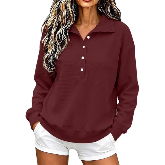 TtopsQueen Women Waffle Knit Henley Sweatshirt, Polo Collar With Button Placket, Long Sleeve Drop Shoulder Pullover, Oversized Loose Fit Casual Going‑Out Tops Wine,S