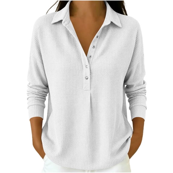TtopsQueen Women Waffle Knit Polo Henley Top, Collared Neck With Partial Button Placket, Long Ribbed Sleeve, Loose Casual Long Sleeve Blouse White,XXL