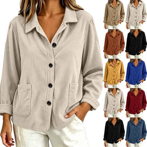 TtopsQueen Women’s Corduroy Button Down Shacket, Lapel Collar, Long Cuffed Sleeve, Dual Side Patch Pockets, Loose Drop‑Shoulder Oversized Shirt Jacket For Casual Street Going‑Out Black,L