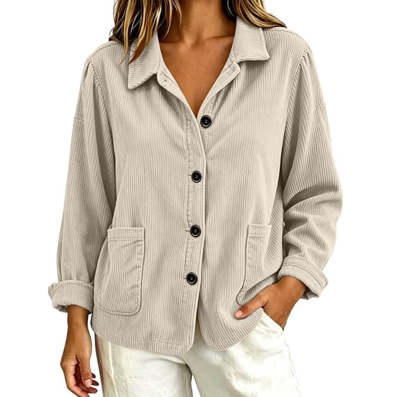 TtopsQueen Women’s Corduroy Button Down Shacket, Lapel Collar, Long Cuffed Sleeve, Dual Side Patch Pockets, Loose Drop‑Shoulder Oversized Shirt Jacket For Casual Street Going‑Out White,S