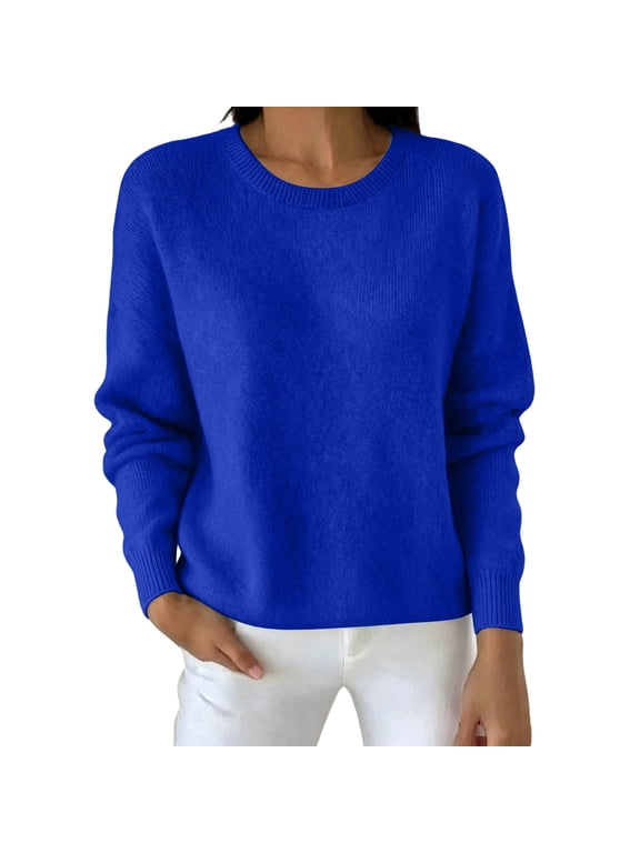 Women's Crew Neck Knit Sweater Long Sleeve Ribbed Cuff Pullover Jumper Loose Soft Lightweight Casual Layering Tops Blue,S