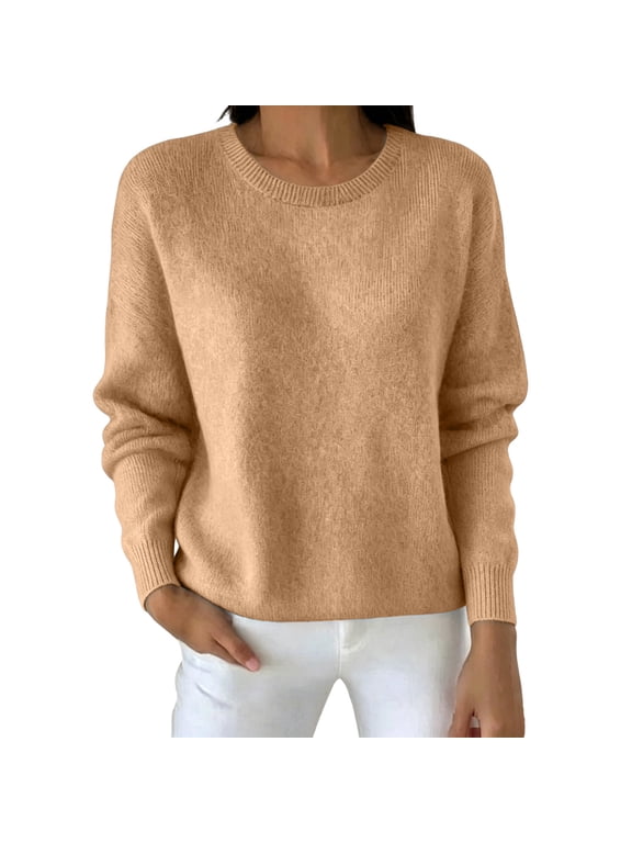Women's Crew Neck Knit Sweater Long Sleeve Ribbed Cuff Pullover Jumper Loose Soft Lightweight Casual Layering Tops Coffee,L