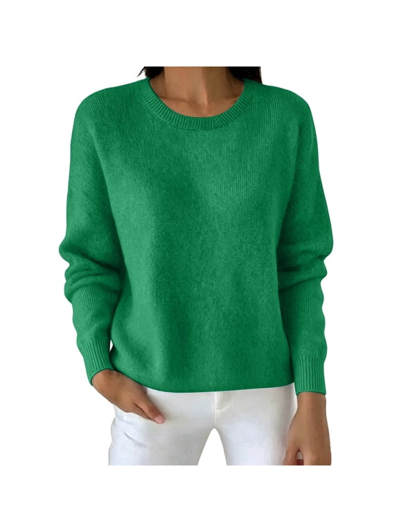 Women's Crew Neck Knit Sweater Long Sleeve Ribbed Cuff Pullover Jumper Loose Soft Lightweight Casual Layering Tops Green,S